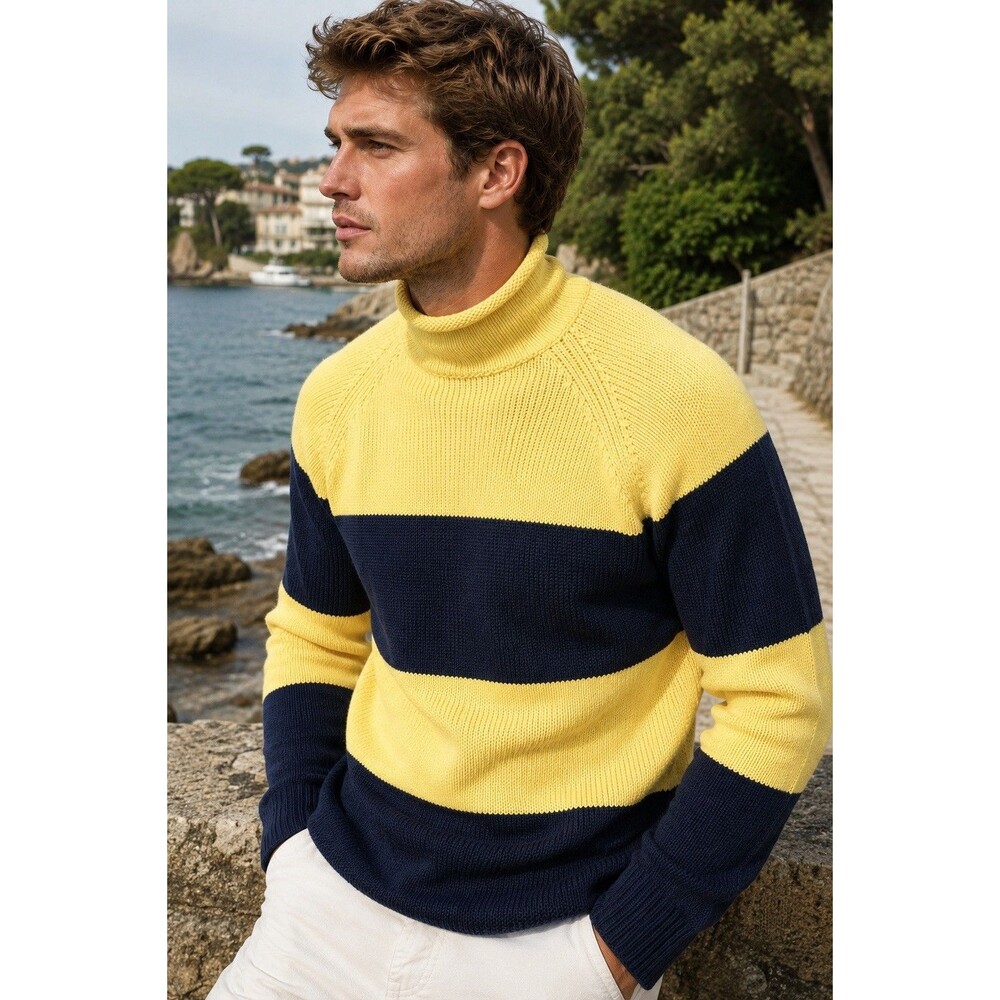 J Crew Sweater Mens M 1988 Rollneck Blue Stripped Cotton Rugby Preppy Coastal - Picture 15 of 15